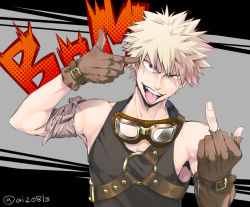 Rule 34 | 1boy, bad id, bad pixiv id, bakugou katsuki, bare shoulders, belt, black background, blonde hair, boku no hero academia, brown belt, brown gloves, collarbone, commentary request, fangs, finger gun, finger gun to head, gloves, goggles, goggles on head, grey background, hand up, jewelry, looking at viewer, male focus, middle finger, necklace, o-ring, open mouth, red eyes, sleeveless, smile, solo, spiked hair, teeth, tongue, tongue out, tonomayo, twitter username, upper body, upper teeth only