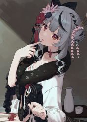 Rule 34 | 1girl, absurdres, ahoge, asymmetrical hair, black bow, black choker, black hair, black nails, blush, bottle, bow, braid, breasts, choker, cleavage, commentary, cup, dagger, fang, finger to mouth, floral print, flower, flower knot, french braid, fur scarf, hair bow, hair bun, hair flower, hair ornament, hair stick, highres, hololive, japanese clothes, kimono, knife, looking at viewer, medium breasts, medium hair, multicolored hair, nail polish, obi, official alternate costume, open mouth, red eyes, sakamata chloe, sakamata chloe (new year), sake bottle, sarashi, sash, seigaiha, shade, side bun, sidelocks, silver hair, single braid, single hair bun, single side bun, sitting, smile, solo, streaked hair, syhan, tassel, thigh strap, two-tone hair, virtual youtuber, weapon, white kimono