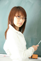 Rule 34 | blouse, cardigan, classroom, glasses, highres, photo (medium), pointer, school, shirt, yamamoto azusa
