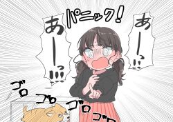 Rule 34 | @ @, absurdres, black sweater, brown hair, commentary request, highres, inami anju, kashikaze, long hair, long sleeves, low twintails, nervous sweating, open mouth, pointing, real life, red skirt, skirt, sweat, sweater, translation request, twintails, voice actor