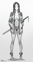 Rule 34 | 1girl, absurdres, bikini, bikini bottom only, breasts, cleavage, dated, earrings, fate/grand order, fate (series), full body, gluteal fold, gorgeous mushroom, greyscale, hands in pockets, highres, hikimayu, jewelry, katana, large breasts, long hair, looking at viewer, minamoto no raikou (fate), monochrome, navel, open clothes, parted bangs, parted lips, revision, sheath, sheathed, solo, swimsuit, sword, weapon