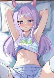 Rule 34 | 1girl, alternate costume, animal ears, armpits, arms behind back, arms up, bed, blush, commentary request, flat chest, fuyumisakura, horse ears, horse girl, long hair, mejiro mcqueen (umamusume), navel, pillow, purple eyes, solo, spread legs, thighhighs, umamusume