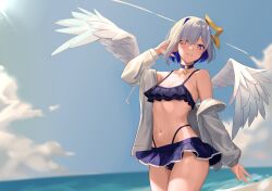 Rule 34 | 1girl, absurdres, alternate costume, amane kanata, angel wings, asymmetrical hair, beach, bikini, bikini skirt, black choker, blue bikini, blue hair, blue sky, blush, breasts, choker, closed mouth, cloud, cloudy sky, colored inner hair, commentary, contrail, cowboy shot, day, frilled bikini, frills, grey hair, halo, hand in own hair, highres, hololive, jacket, looking at viewer, multi-strapped bikini, multicolored hair, navel, o-ring, o-ring choker, ocean, off shoulder, open clothes, open jacket, outdoors, pink hair, purple eyes, short hair, single hair intake, sky, small breasts, smallpine 7, smile, solo, standing, star (symbol), star choker, stomach, sunlight, swimsuit, virtual youtuber, white jacket, wings