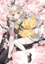 Rule 34 | 1girl, :o, animal, animal ears, bag, bell, black cat, black footwear, black neckerchief, blue bow, blush, bow, branch, cat, cat ears, cat girl, cat tail, cat teaser, collarbone, commentary request, flower, green eyes, grey hair, grey sailor collar, grey skirt, hair between eyes, highres, in tree, jingle bell, juna, knees together feet apart, loafers, long hair, long sleeves, looking at viewer, neck bell, neckerchief, original, parted lips, pink flower, plaid, plaid sailor collar, plaid skirt, pleated skirt, puffy long sleeves, puffy sleeves, sailor collar, school bag, school uniform, serafuku, shirt, shoes, sitting, sitting in tree, skirt, sleeves past wrists, solo, sweater, tail, tail bell, tail bow, tail ornament, thighhighs, tree, white shirt, white thighhighs, yellow sweater
