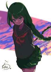 Rule 34 | 1girl, absurdres, ahoge, alternate costume, arms behind back, artist logo, braid, commentary request, green eyes, green hair, green sailor collar, green shirt, green skirt, highres, kantai collection, lanthan, looking at viewer, mole, mole under mouth, neckerchief, one-hour drawing challenge, pleated skirt, red neckerchief, sailor collar, shirt, single braid, skirt, solo, tongue, tongue out, yuugumo (kancolle)