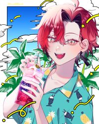 Rule 34 | 1boy, ahoge, androgynous, black hair, blue sky, border, cloud, collarbone, commentary, drink, drinking straw, earrings, english commentary, fangs, food, fruit, gummy bear, hair between eyes, happy, hawaiian shirt, highres, holding, holding drink, holostars, holostars english, jewelry, light blush, looking at viewer, m chikih, machina x flayon, male focus, multicolored hair, open mouth, palm tree, shadow, shirt, short hair, sky, solo, star (symbol), strawberry, stud earrings, summer, thick eyelashes, tree, upper body, virtual youtuber, white border