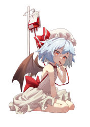 Rule 34 | 14mango, 1girl, back bow, bare shoulders, bat wings, blood, blood bag, blue hair, bow, brooch, commentary request, dress, drinking blood, flat chest, full body, hand up, hat, highres, jewelry, leaning forward, light blue hair, looking at viewer, mob cap, red bow, red eyes, remilia scarlet, short hair, simple background, sitting, solo, sweat, touhou, wariza, white background, white dress, wings