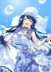 Rule 34 | 1girl, :d, absurdres, aqua flower, arm garter, bare arms, black hair, blue flower, blue gemstone, blue sky, blunt bangs, breasts, brown eyes, bubble, buttons, center frills, choker, cleavage, cloud, collarbone, commentary request, cowboy shot, day, dress, dress flower, floating hair, flower, frilled choker, frills, gem, hair flower, hair ornament, half-closed eyes, hands up, highres, idolmaster, idolmaster million live!, idolmaster million live! theater days, jewelry, kitakami reika, light particles, long hair, looking at viewer, low twintails, medium breasts, necklace, nys, open mouth, outdoors, pearl (gemstone), pearl necklace, pendant, purple flower, shadow, signature, sky, sleeveless, sleeveless dress, smile, solo, standing, teeth, twintails, upper teeth only, very long hair, white dress, white flower, wrist cuffs, yellow flower