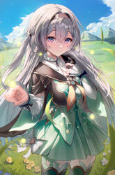 1girl absurdres aqua_shirt aqua_skirt aqua_thighhighs belt black_bridal_gauntlets black_hairband bridal_gauntlets closed_mouth crossed_bangs detached_sleeves fireflies firefly_(honkai:_star_rail) grey_hair hair_ornament hairband hand_on_own_chest highres honkai:_star_rail honkai_(series) long_hair long_sleeves looking_at_viewer multicolored_eyes outdoors shirt single_bridal_gauntlet skirt smile standing thighhighs wakum