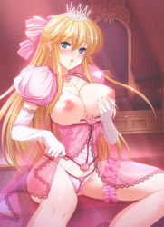 Rule 34 | 1girl, blonde hair, blue eyes, blush, bow, braid, grabbing another&#039;s breast, breast hold, breasts, clothes lift, crown, dress, dress lift, earrings, elbow gloves, flower, gloves, grabbing, hair bow, jewelry, jpeg artifacts, koizumi amane, large breasts, letitia estol, long hair, nipples, no bra, open mouth, panties, pink panties, princess, rose, see-through, shouki letitia, sitting, solo, underwear, very long hair