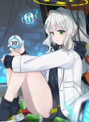 Rule 34 | 1girl, blue archive, blurry, blurry background, boots, can, drone, electricity, green eyes, grey hair, halo, hare (blue archive), highres, hoshino ouka, jacket, looking at viewer, medium hair, night, panties, pantyshot, school uniform, sitting, solo, thighs, underwear, wire