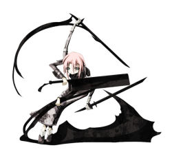 Rule 34 | 00s, androgynous, crona (soul eater), fighting stance, full body, gender request, grey eyes, hair between eyes, multi arm, pink hair, shoes, short hair, solo, soul eater, sword, triple wielding, weapon