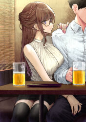 Rule 34 | 1boy, 1girl, absurdres, alcohol, aramachi, bare shoulders, beer, beer mug, black hair, bracelet, breast press, breasts, brown hair, commentary request, cup, fingernails, glasses, half updo, hand on another&#039;s shoulder, hand on another&#039;s thigh, highres, indoors, jewelry, large breasts, long hair, applying manicure, mug, nail polish, one side up, open mouth, original, pants, pencil skirt, pink nails, restaurant, ribbed shirt, shirt, sidelocks, sitting, skirt, sleeveless, sleeveless shirt, thighhighs, white shirt, wrinkled fabric