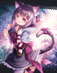 Rule 34 | 1girl, :3, absurdres, adjusting hood, animal ears, arm ribbon, border, bow, candy, capelet, cat ears, cat tail, chocolate, chocolate bar, choker, commentary request, commission, dress, fallenshadow, floral background, food, food-themed ornament, frilled capelet, frills, from side, hair bow, half updo, highres, hood, hooded capelet, indie virtual youtuber, kiramarukou, lace, lace-trimmed dress, lace border, lace trim, leg ribbon, looking at viewer, looking to the side, non-web source, open mouth, ornate border, pink bow, pink eyes, pink ribbon, purple ribbon, ribbon, ribbon choker, single stripe, single thighhigh, single wrist cuff, skeb commission, smile, solo, tail, tail bow, tail ornament, thighhighs, virtual youtuber, waist bow, wrist cuffs