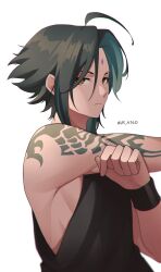 Rule 34 | 1boy, alternate costume, arm tattoo, black hair, black tank top, closed mouth, facial mark, genshin impact, green hair, highres, jewelry, jk 4140, male focus, multicolored hair, necklace, short hair, solo, tank top, tattoo, wristband, xiao (genshin impact), yellow eyes
