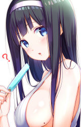 Rule 34 | 1girl, ?, black hair, blue eyes, blush, breasts, food, hairband, ice cream, large breasts, long hair, looking at viewer, mole, mole on breast, na53, original, parted lips, popsicle, sideboob, solo, tank top, upper body, white background