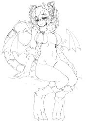 Rule 34 | 1girl, animal ears, animal hands, barbariank, bare arms, bare shoulders, bottomless, bra, breasts, claws, closed mouth, greyscale, hair between eyes, highres, horns, large breasts, legs together, looking at viewer, mini wings, monochrome, monster girl, navel, original, scorpion tail, simple background, sitting, slit pupils, smile, solo, tail, underwear, white background, wings