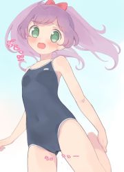 Rule 34 | 1girl, blue one-piece swimsuit, competition school swimsuit, covered navel, gluteal fold, green eyes, hyakumangoku masurao, leg up, long hair, manaka laala, one-piece swimsuit, open mouth, ponytail, pretty series, pripara, purple hair, school swimsuit, solo, standing, standing on one leg, swimsuit