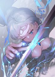Rule 34 | 1girl, blue eyes, breasts, cleavage, commentary request, highres, long hair, myrtenaster, ponytail, rapier, revision, rwby, scar, scar across eye, scar on face, shiny skin, side ponytail, solo, sword, wangxiii, weapon, weiss schnee, white hair