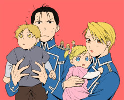 Rule 34 | 3girls, 4boys, :d, :o, ahoge, alphonse elric, amestris military uniform, black eyes, black hair, blonde hair, brother and sister, brothers, brown eyes, carrying, couple, dress, edward elric, father and daughter, father and son, fingernails, fullmetal alchemist, hanayama (inunekokawaii), hetero, mother and daughter, mother and son, multiple boys, multiple girls, nervous, open mouth, pink dress, red background, riza hawkeye, roy mustang, short hair, siblings, simple background, smile, sweatdrop, twintails, uncle and nephew, uncle and niece, winry rockbell, yellow eyes