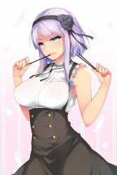 Rule 34 | 10s, 1girl, :d, black ribbon, blue eyes, blush, breasts, bustier, buttons, cowboy shot, dagashi kashi, dean (momodean), drooling, eyebrows, female focus, flower, food, frills, hair flower, hair ornament, hair ribbon, hairband, high-waist skirt, highres, holding, holding food, large breasts, looking at viewer, open mouth, pink background, pocky, purple hair, ribbon, ringed eyes, saliva, shidare hotaru, short hair, skirt, sleeveless, smile, solo, suspenders, sweat, underbust