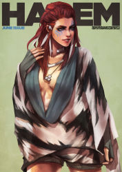 Rule 34 | 1girl, absurdres, aloy (horizon), alternate costume, animal print, breasts, brown eyes, cover, facial tattoo, fake magazine cover, fashion, feather hair ornament, feathers, fingerless gloves, freckles, gloves, green background, hair ornament, hairclip, highres, horizon (video game), horizon zero dawn, jewelry, lips, long hair, magazine cover, makeup, mascara, medium breasts, monori rogue, neck ring, necklace, no bra, nose, pendant, plunging neckline, poncho, red hair, shorts, solo, tattoo, tribal tattoo, wide sleeves, zebra print