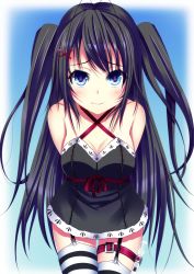 Rule 34 | 1girl, arms behind back, black hair, black thighhighs, blue eyes, breasts, cleavage, cowboy shot, criss-cross halter, halterneck, highres, holster, kazeoto kirito, looking at viewer, medium breasts, original, sleeveless, solo, striped clothes, striped thighhighs, syringe, thigh holster, thighhighs, twintails, two side up
