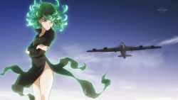 Rule 34 | 1girl, airplane, animated, animated gif, bare legs, black dress, crossed arms, curly hair, dress, flying, green eyes, green hair, lowres, matching hair/eyes, no pants, one-punch man, psychic, short hair, sky, solo, tatsumaki