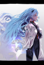 Rule 34 | 1girl, absurdres, ayanami rei, black bodysuit, blue hair, bodysuit, closed mouth, evangelion: 3.0+1.0 thrice upon a time, floating hair, from side, headgear, highres, letterboxed, long hair, neon genesis evangelion, open mouth, plugsuit, profile, rebuild of evangelion, red eyes, smile, solo, standing, very long hair, yagisawa teru