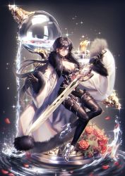 Rule 34 | 1girl, black hair, boots, breasts, choker, cleavage, clock, coat, earrings, flower, full body, fur trim, glint, heterochromia, high heels, highres, holding, holding sword, holding weapon, jewelry, long hair, muramatu0226, petals, pixiv fantasia, pixiv fantasia age of starlight, solo, sparkle, sword, thigh boots, thighhighs, water, weapon, white coat