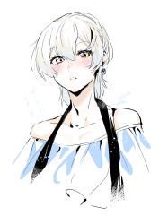 Rule 34 | 1boy, absurdres, bad id, bad twitter id, bare shoulders, blue dress, blush, check commentary, commentary request, dress, earrings, grey hair, hair between eyes, highres, jewelry, looking at viewer, male focus, ohisashiburi, pale color, parted lips, short hair, solo, translation request, trap, white background, yellow eyes