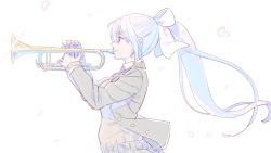 Rule 34 | 1girl, blue hair, bow, collared shirt, enkyo yuuichirou, floating hair, from side, glint, green jacket, green skirt, hair bow, hands up, highres, higuchi kaede, higuchi kaede (1st costume), holding, holding instrument, instrument, jacket, long hair, music, necktie, nijisanji, playing instrument, ponytail, profile, school uniform, shirt, skirt, solo, sweater, trumpet, upper body, very long hair, virtual youtuber, white bow, wing collar