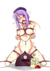 Rule 34 | 1girl, absurdres, ball gag, bdsm, beret, blush, bondage, bound, breasts, commission, dragon-burst, eltnum, functionally nude, gag, hat, highres, long hair, looking at viewer, melty blood, nipple clamps, nipples, orgasm counter, purple eyes, purple hair, pussy juice, saliva, sex machine, sex toy, shibari, simple background, sion eltnam atlasia, solo, sybian, tsukihime, under night in-birth, vibrator