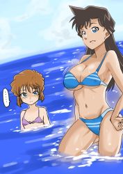 Rule 34 | ..., 2girls, age difference, bikini, black hair, blue bikini, blue eyes, blue sky, bouncing breasts, bow, bow bikini, breast envy, breasts, brown hair, child, cleavage, cloud, cloudy sky, commentary request, contrapposto, cowboy shot, curved horizon, curvy, day, female focus, flat chest, gluteal fold, green eyes, groin, haibara ai, highres, horizon, large breasts, long hair, looking at another, looking at viewer, medium hair, meitantei conan, mouri ran, multiple girls, navel, ocean, open mouth, outdoors, partially submerged, pink bikini, shaded face, shiny skin, sky, smile, speech bubble, spoken ellipsis, standing, striped bikini, striped clothes, swimsuit, thick thighs, thighs, tsune (tnmy4375), underboob, wading, water, wet