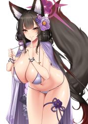 Rule 34 | 1girl, absurdres, animal ear fluff, animal ears, bangle, bead band, bikini, bikini tug, black hair, black tail, blue archive, bracelet, breasts, chixiao, cleavage, cowboy shot, finger to mouth, flower, flower knot, fox ears, fox girl, fox tail, grin, groin, hair flower, hair ornament, halo, halterneck, highres, huge breasts, jewelry, leaning forward, legs together, long hair, multicolored hair, open clothes, orange eyes, purple flower, red hair, shushing, simple background, skindentation, smile, solo, standing, streaked hair, string bikini, swimsuit, tail, teeth, thick thighs, thigh strap, thighs, very long hair, wakamo (blue archive), wakamo (swimsuit) (blue archive), white background, white bikini