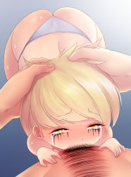 Rule 34 | 1boy, 1girl, ass, bare shoulders, blonde hair, blush, born-to-die, copyright request, crying, crying with eyes open, deepthroat, eyelashes, eyeliner, fellatio, from above, gradient background, half-closed eyes, hand on another&#039;s head, heart, heart-shaped pupils, heart in eye, hetero, highres, looking at viewer, looking up, makeup, male pubic hair, oral, panties, pov, pov hands, pubic hair, runny makeup, simple background, size difference, solo focus, sweat, symbol-shaped pupils, symbol in eye, tears, thong, underwear, white panties, yellow eyes