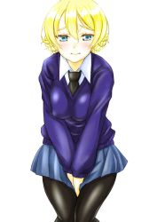 Rule 34 | 10s, 1girl, black necktie, black pantyhose, blonde hair, blouse, blue eyes, blue skirt, blue sweater, braid, closed mouth, collared shirt, commentary request, cowboy shot, darjeeling (girls und panzer), dress shirt, frown, girls und panzer, have to pee, invisible chair, legs together, long sleeves, looking at viewer, miniskirt, necktie, pantyhose, pleated skirt, school uniform, shiromitsu suzaku, shirt, short hair, sitting, skirt, solo, st. gloriana&#039;s school uniform, sweater, thighs, twin braids, v-neck, v arms, white background, white shirt