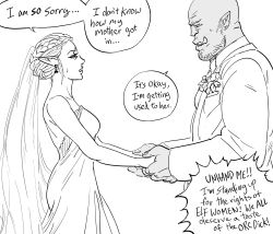 Rule 34 | 1boy, 1girl, bald, bb (baalbuddy), braid, braided bun, bridal veil, bride, commentary, dress, earrings, elf, english commentary, english text, fang, fang out, female pervert, flower, greyscale, groom, hair bun, half-closed eyes, height difference, highres, holding hands, husband and wife, jewelry, long sleeves, monochrome, orc, original, parted lips, pervert, pointy ears, simple background, sweatdrop, veil, wedding, wedding dress, white background