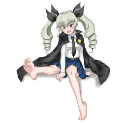 Rule 34 | 10s, 1girl, :d, anchovy (girls und panzer), aqua hair, bad id, bad pixiv id, barefoot, belt, breasts, brown eyes, cape, drill hair, feet, female focus, full body, girls und panzer, highres, long hair, medium breasts, necktie, no legwear, open mouth, pleated skirt, simple background, skirt, smile, soles, solo, souji kurokawa, toes, twin drills, white background