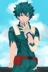 Rule 34 | 1boy, biting, bodysuit, boku no hero academia, eye contact, facing viewer, finger biting, finger in own mouth, freckles, gloves, green bodysuit, green hair, introvertedartist, looking at another, looking at viewer, madelegencia, male focus, midoriya izuku, naughty face, short hair, simple background, solo, third-party source, torn clothes, white gloves
