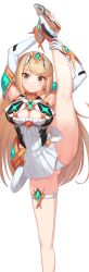 Rule 34 | 1girl, absurdres, armpits, bare legs, bare shoulders, blonde hair, breasts, chest jewel, cleavage, cleavage cutout, clothing cutout, dress, earrings, elbow gloves, feet out of frame, gloves, green322, highres, jewelry, large breasts, long hair, mythra (xenoblade), panties, pantyshot, short dress, simple background, solo, split, standing, standing on one leg, standing split, swept bangs, thigh strap, tiara, underwear, very long hair, white background, white dress, white footwear, white gloves, white panties, xenoblade chronicles (series), xenoblade chronicles 2, yellow eyes