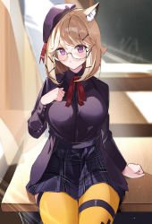 Rule 34 | 1girl, absurdres, animal ear fluff, animal ears, arknights, black hat, black jacket, black skirt, breasts, brown hair, chalkboard, curtains, glasses, hair ornament, hairclip, hand on own chest, hat, highres, indoors, jacket, large breasts, light rays, long sleeves, looking at viewer, miniskirt, neck ribbon, on table, open clothes, open jacket, parted lips, plaid, plaid skirt, pomegranate nana, purple eyes, red ribbon, ribbon, short hair, sitting, skirt, solo, sunbeam, sunlight, table, thigh strap, thighhighs, utage (arknights), utage (disguise) (arknights), yellow thighhighs
