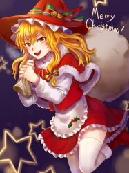 Rule 34 | 1girl, adapted costume, apron, capelet, dress, english text, fur-trimmed capelet, fur trim, holding, holding sack, kirisame marisa, kuya (hey36253625), looking at viewer, merry christmas, red capelet, red dress, red headwear, sack, santa costume, smile, solo, star (symbol), thighhighs, thighs, touhou, white apron, white thighhighs