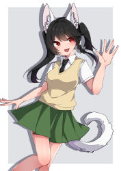 Rule 34 | 1girl, :d, absurdres, animal ear fluff, animal ears, black hair, black necktie, breasts, cat ears, cat girl, cat tail, collared shirt, commentary request, drop shadow, fang, green skirt, grey background, hand up, highres, kuroyuri (sakurayuki lily), medium breasts, necktie, open mouth, original, pleated skirt, red eyes, school uniform, shirt, short sleeves, skirt, smile, solo, sweater vest, tail, twintails, two-tone background, uneven twintails, white background, white shirt