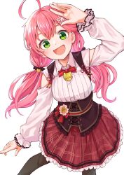 Rule 34 | 1girl, ahoge, arm up, bell, black corset, black thighhighs, blush, collared shirt, corset, green eyes, highres, hololive, jingle bell, looking at viewer, low twintails, medeshima marota, neck bell, official alternate costume, open mouth, pink hair, pleated skirt, red skirt, sakura miko, sakura miko (casual), shirt, skirt, smile, solo, thighhighs, twintails, virtual youtuber, white shirt