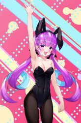 Rule 34 | 1girl, :d, absurdres, ahoge, animal ears, arm up, armpits, bad id, bad pixiv id, black pantyhose, blush, braid, breasts, cleavage, colored inner hair, cqingwei, gluteal fold, highres, hololive, leotard, long hair, minato aqua, multicolored hair, open mouth, pantyhose, playboy bunny, purple eyes, purple hair, rabbit ears, smile, solo, streaked hair, striped, striped background, twintails, two-tone hair, very long hair, virtual youtuber