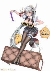 Rule 34 | 1girl, absurdly long hair, absurdres, apron, artist name, asymmetrical horns, azur lane, between breasts, black bra, black footwear, black nails, black necktie, black panties, black pantyhose, black shirt, black skirt, blouse, bra, breasts, breasts out, censored, censored by text, center opening, chromatic aberration, condom, condom packet strip, condom wrapper, feet on chair, full body, golden miocola, grabbing, grabbing another&#039;s breast, grabbing own breast, hair on horn, hakuryuu (azur lane), hakuryuu (slice dice and serve) (azur lane), highres, holding, holding condom, horns, large breasts, long hair, looking at viewer, maid headdress, manjuu (azur lane), miniskirt, mismatched horns, mole, mole on breast, multiple horns, nail polish, necktie, necktie between breasts, official alternate costume, open clothes, open shirt, panties, pantyhose, pleated skirt, red horns, shirt, shoes, simple background, skirt, sleeveless, sleeveless shirt, solo, thigh strap, underwear, very long hair, white apron, white background, white hair, white horns, wrist cuffs