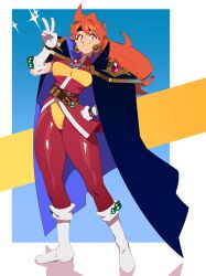 Rule 34 | 1girl, absurdres, belt, blue cape, boots, breasts, brown belt, cape, combos &amp; doodles, earrings, full body, gloves, gold earrings, hand on own hip, highres, jacket, jewelry, lina inverse, long hair, medium breasts, multicolored clothes, multicolored jacket, orange hair, pants, red eyes, red jacket, red pants, retro artstyle, slayers, smile, solo, sphere earrings, standing, two-tone jacket, two-tone pants, v, white footwear, white gloves, yellow jacket, yellow pants