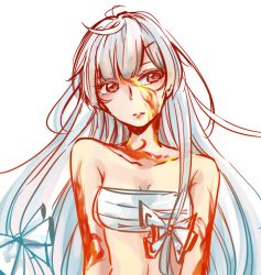 Rule 34 | 1girl, bad id, bad pixiv id, bare shoulders, bow, breasts, chest sarashi, cleavage, fire, fujiwara no mokou, hair bow, long hair, looking to the side, midriff, navel, red eyes, sarashi, silver hair, simple background, sketch, small breasts, solo, souta (karasu no ouchi), touhou, upper body, white background