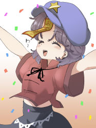 Rule 34 | 1girl, arms up, black ribbon, black skirt, blush, breasts, brown background, cabbie hat, chinese clothes, closed eyes, commentary request, confetti, cowboy shot, expressive clothes, gradient background, hat, hat ornament, highres, jiangshi, medium breasts, medium hair, miyako yoshika, ofuda, open mouth, purple hair, purple hat, red shirt, ribbon, sharp teeth, shika miso, shirt, short sleeves, skirt, smile, solo, star (symbol), star hat ornament, tangzhuang, teeth, touhou, translation request, wide sleeves